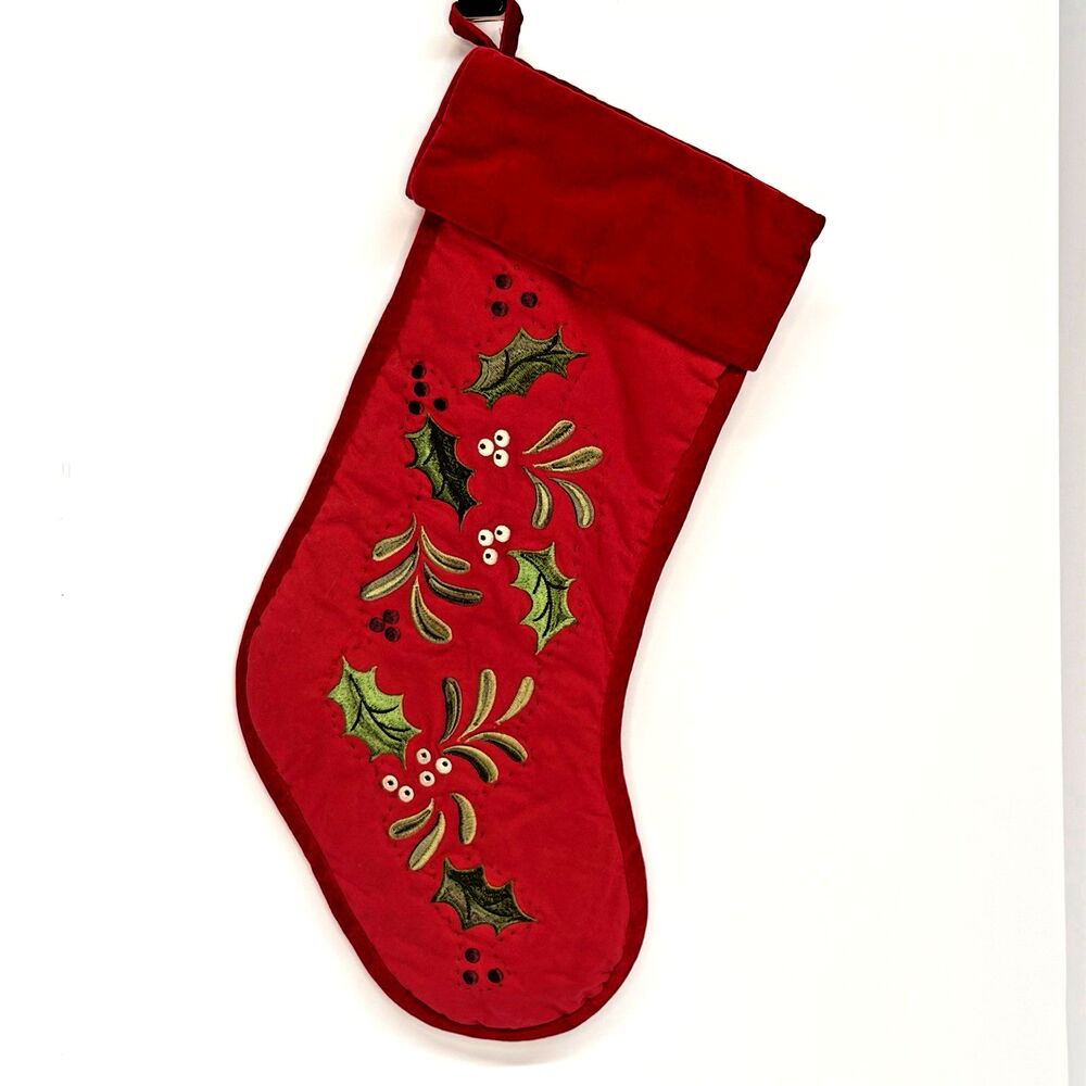Handmade Red Christmas Stocking Embroidered Mistletoe Holly Velvet Cuff 19"